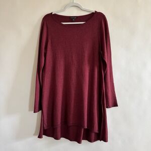 Eileen Fisher Burgundy Red Long Sleeve Tunic Top Large Merino Wool Tencel Cotton